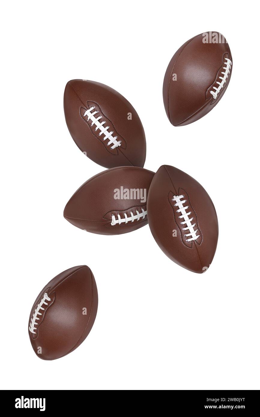 Beaucoup de balles de football américain volant sur fond blanc Banque D'Images