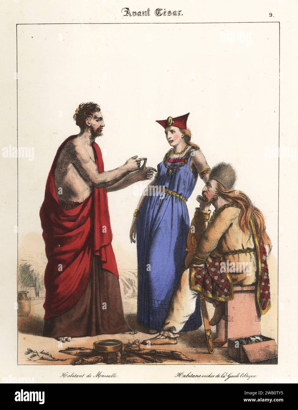 Gaulois de Marseille et Gallia Celtica, 1e siècle avant JC. Homme de Marseille en manteau et jupe en forme de toge. Riche femme de Gallia Celtica en coiffe distinctive, colliers en or, bracelets, ceintures, etc Habitant de Marseille, habitans riches de la Gaule Celtique. Avant Cesar. Lithographie coloriée à la main de Godard d'après une illustration de Charles Auguste Herbé à partir de ses propres costumes Francais, civils, militaires et religieux, costumes français, civil, militaire et religieux, Maison Martinet, Paris, 1837. Banque D'Images