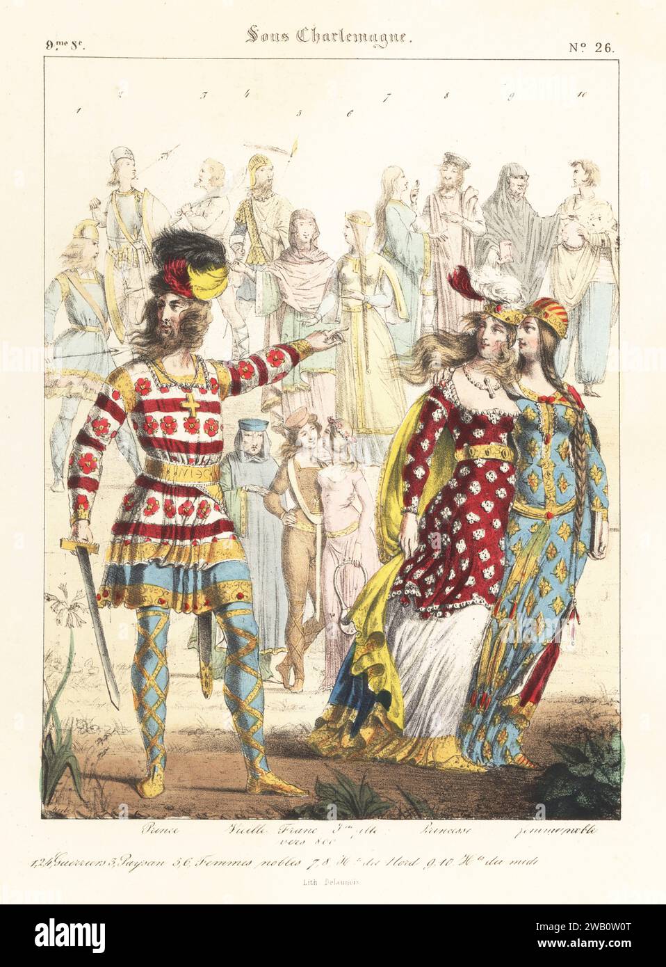 Prince avec princesse et femme noble, 9e siècle. Prince en chapeau à plumeau, tunique courte brodée et tuyau, dames en chapeaux, cape, robes brodées. Avec vieille femme, Frank, guerriers, paysan, etc Prince, Vielle, Franc, Princesse, Femme noble, guerriers, paysan, femmes nobles, habitants du Nord, du midi. Sous Charlemagne, 9è siecle. Lithographie coloriée à la main de Godard d'après une illustration de Charles Auguste Herbé à partir de ses propres costumes Francais, civils, militaires et religieux, costumes français, civil, militaire et religieux, Maison Martinet, Paris, 1837. Banque D'Images