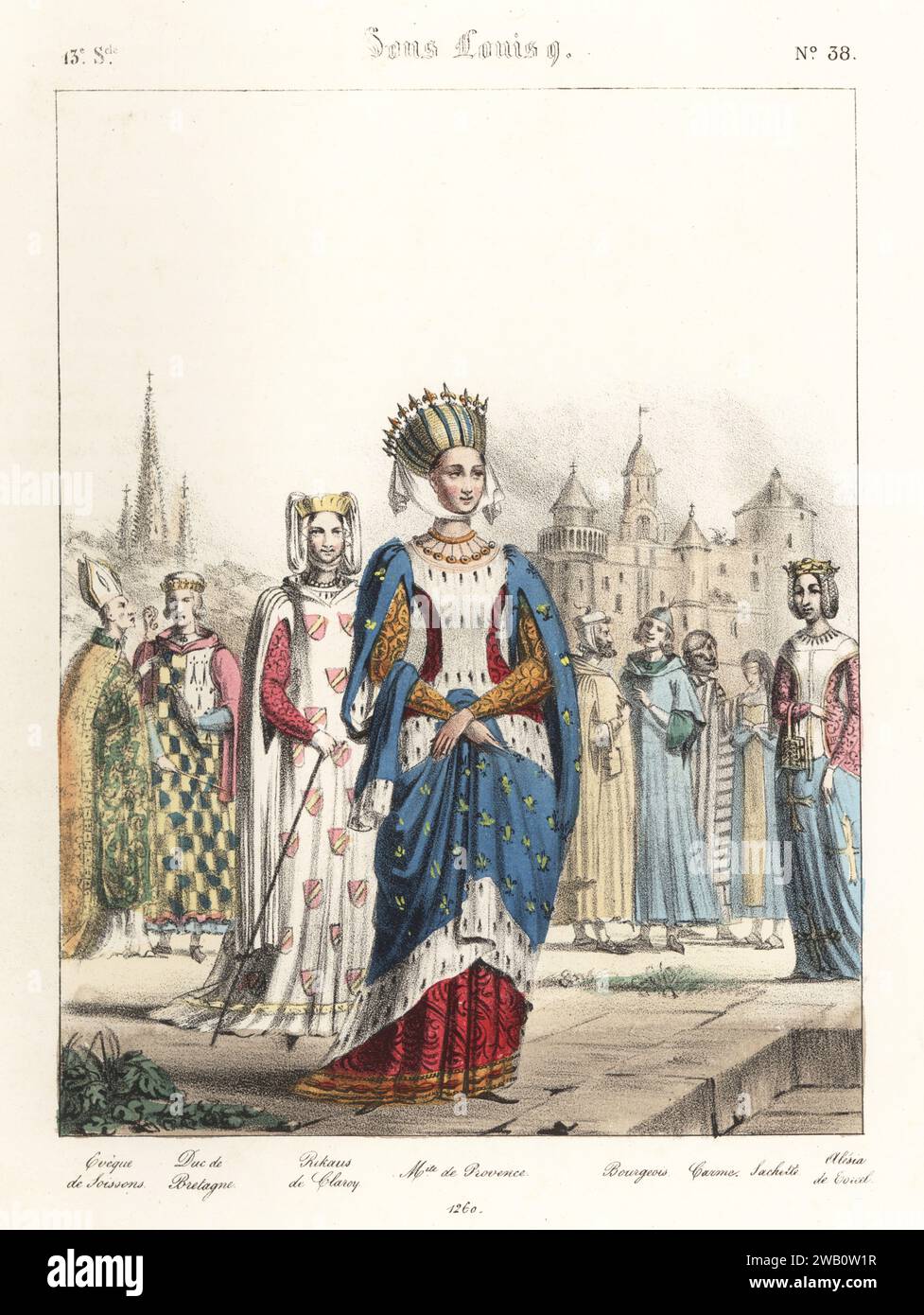Marguerite de Provence, reine de Louis IX, en surmanteau doublé d'hermine, 1221-1295, et Rikaus Durboise, mort en 1259, en robes armorielles. Flanqué de l'évêque de Soissons, duc de Bretagne, bourgeois, moines et Alésia de Evreel, 13e siècle. Eveque de Soissons, Duc de Bretagne, Rikaus de Claroy, Margeurite de Provence, Bourgeois, Carme, Sachette, Alesia de Evreel. Sous Louis 9, 13e siecle. Lithographie coloriée à la main de Godard d'après une illustration de Charles Auguste Herbé à partir de ses propres costumes Francais, civils, militaires et religieux, costumes français, civil, militaire et religieux, Maison Martinet, pari Banque D'Images