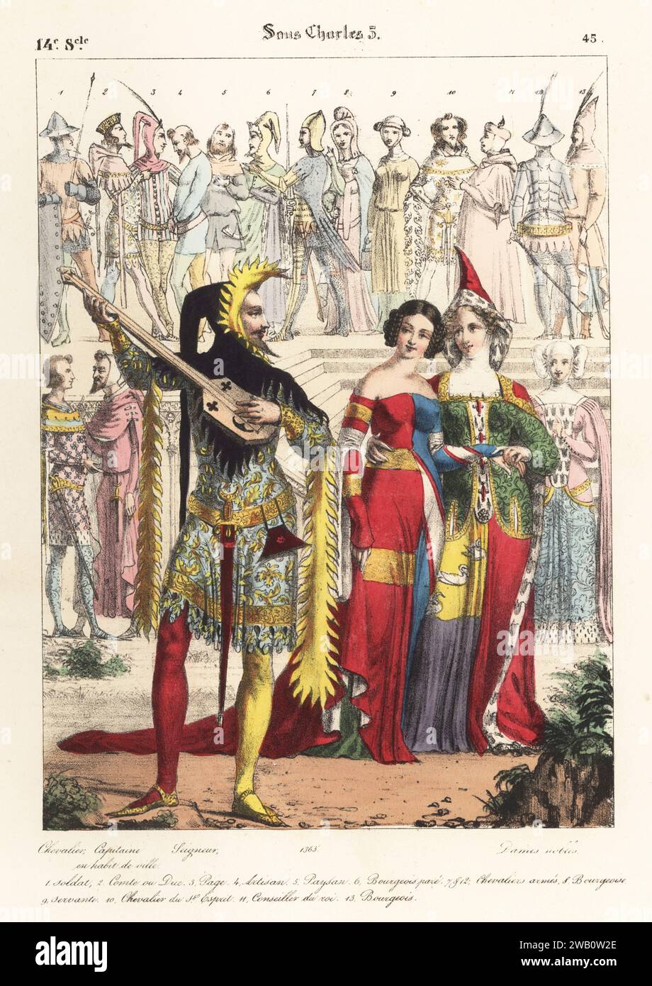 lord français à capuche dactylographiée et tunique avec manches suspendues, tuyau de couleur parti, jouant d'un gitter avec deux femmes nobles en robes d'armorial, 1365. Chevalier, Capitaine, Seigneur, Dames nobles, Soldat, comte ou Duc, page, Artisan, paysan, servante, chevalier de St. Esprit, Conseiller du roi, Bourgeois. Sous Charles V, 14e siecle. Lithographie coloriée à la main de Godard d'après une illustration de Charles Auguste Herbé à partir de ses propres costumes Francais, civils, militaires et religieux, costumes français, civil, militaire et religieux, Maison Martinet, Paris, 1837. Banque D'Images lord français à capuche dactylographiée et tunique avec manches suspendues, tuyau de couleur parti, jouant d'un gitter avec deux femmes nobles en robes d'armorial, 1365. Chevalier, Capitaine, Seigneur, Dames nobles, Soldat, comte ou Duc, page, Artisan, paysan, servante, chevalier de St. Esprit, Conseiller du roi, Bourgeois. Sous Charles V, 14e siecle. Lithographie coloriée à la main de Godard d'après une illustration de Charles Auguste Herbé à partir de ses propres costumes Francais, civils, militaires et religieux, costumes français, civil, militaire et religieux, Maison Martinet, Paris, 1837. Banque D'Images