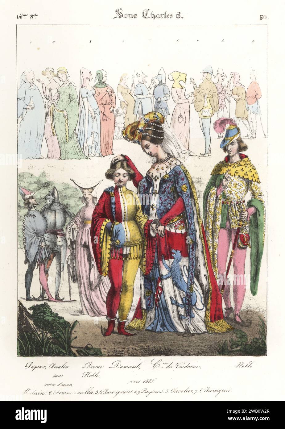 Catherine de Vendôme, en escoffion de coiffe cornée avec voile, surmanteau armorial garni d'hermine, 1372-1403, avec un damoisel (une jeune page noble) en doublet de couleur parti avec manches pendantes dentelées, tuyau et poulaines, 14e siècle. Un noble en casquette à plomb, chaperon, doublet et montres à tuyau. Seigneur, Chevalier sans cotte d'armes, Dame Noble, Damoisel, Catherine de Vendôme, Noble. Sous Charles VI Lithographie coloriée à la main de Godard d'après une illustration de Charles Auguste Herbé à partir de ses propres costumes Francais, civils, militaires et religieux, costumes français, civil, militaire et religieux, Mai Banque D'Images