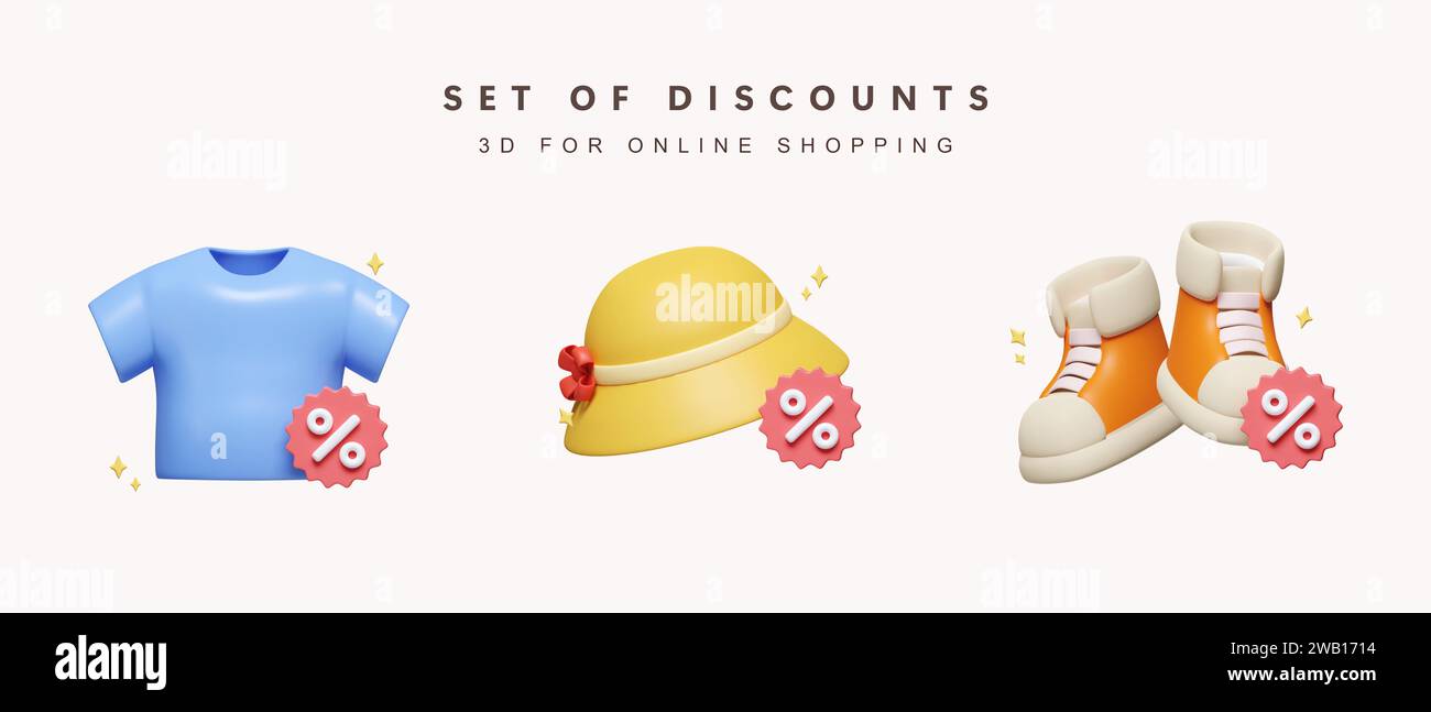 3d Collection de vêtements et accessoires et pourcentage pour le concept d'achat en ligne. livraison. icône isolée sur fond blanc. rendu 3d. Banque D'Images