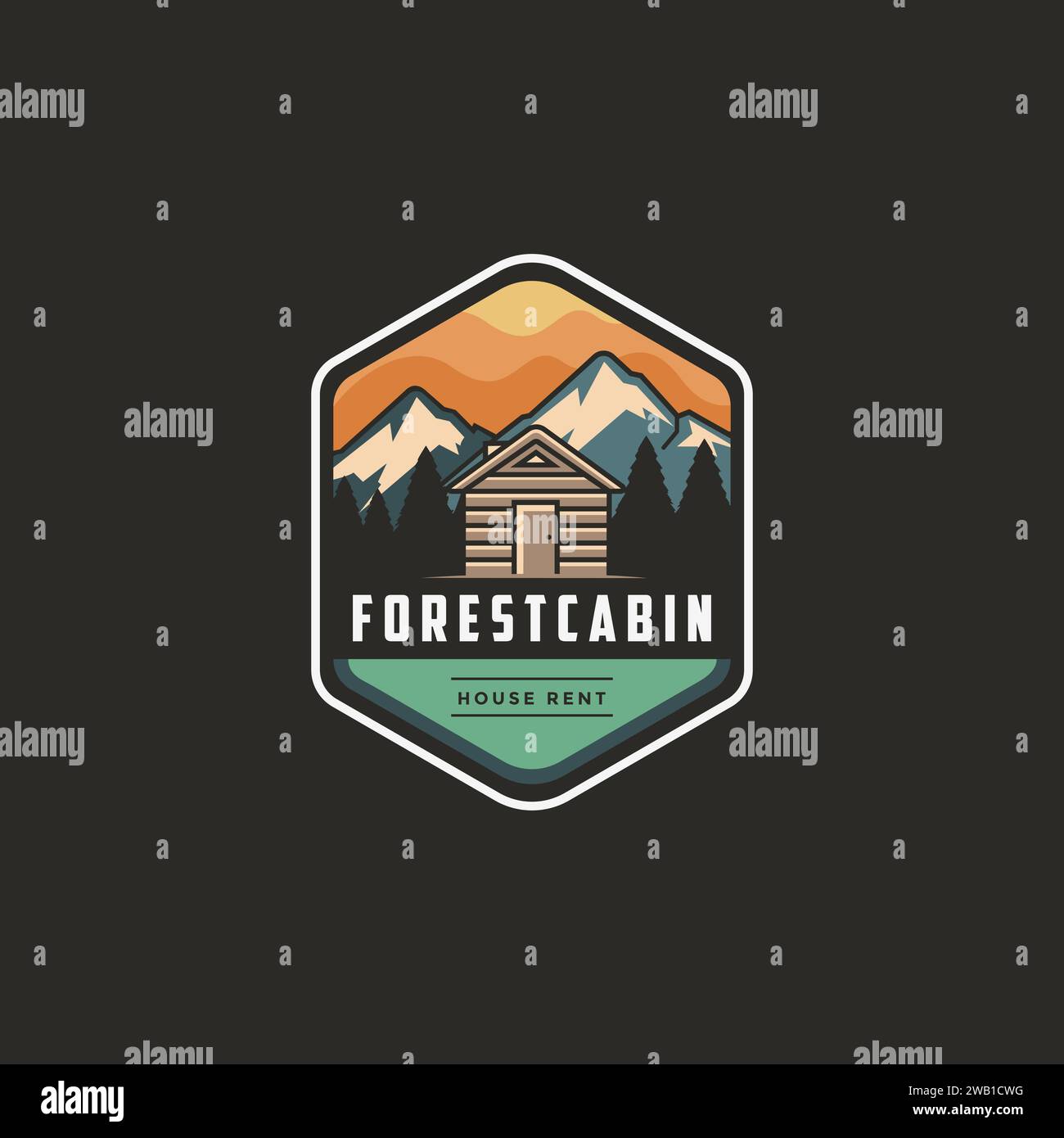 Logo d'emblème extérieur moderne vintage avec vue sur la montagne et cabane dans la forêt sur fond sombre Illustration de Vecteur