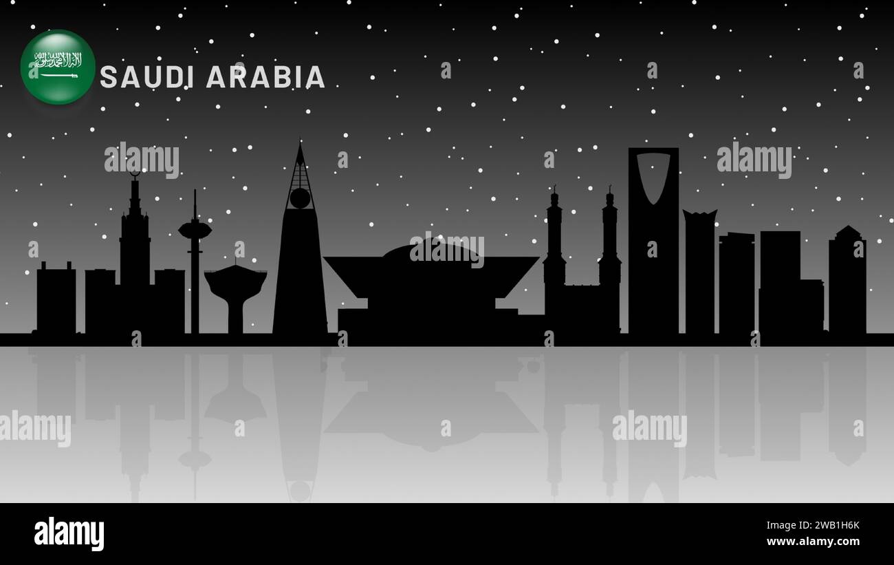 Skyline d'Arabie Saoudite, Arabie Saoudite paysage urbain, gratte-ciel d'Arabie Saoudite bâtiments belle silhouette de vecteur de chute de neige. illustrateur vectoriel Illustration de Vecteur