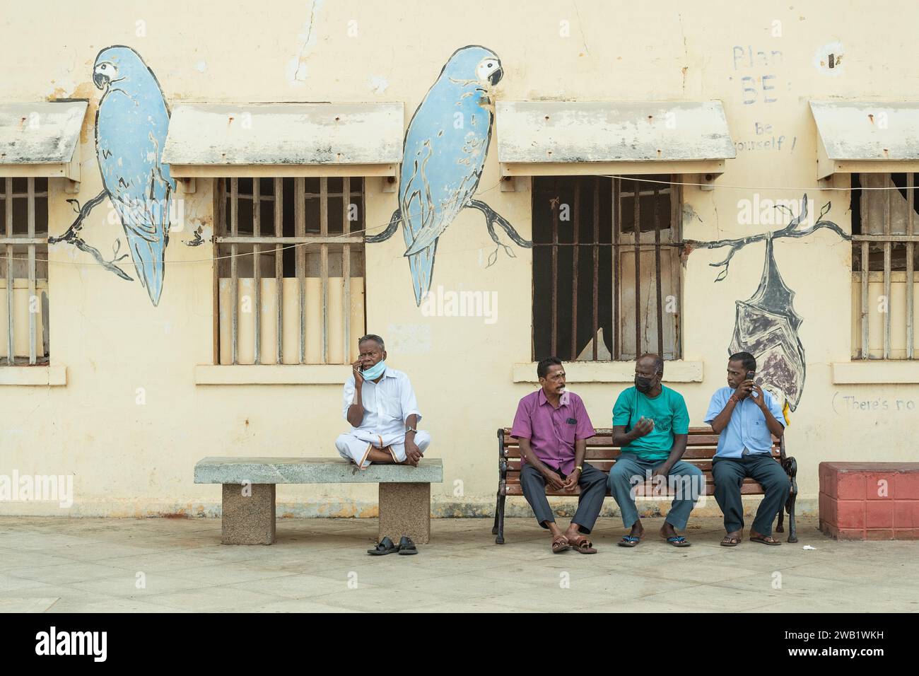 Groupe d'hommes sur bancs, mur peint graffiti, Pondichéry ou Puducherry, Tamil Nadu, Inde Banque D'Images