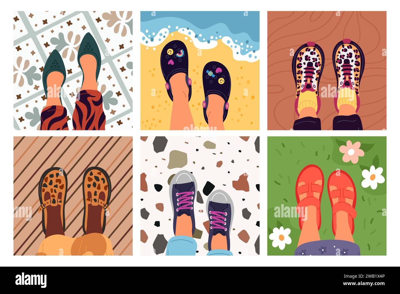 Pieds selfie. Vue de dessus jambes féminines dans différents types de chaussures. Pied sur diverses surfaces. Instantanés populaires sur les réseaux sociaux. Chaussures pour fille. Sandales d'été Illustration de Vecteur