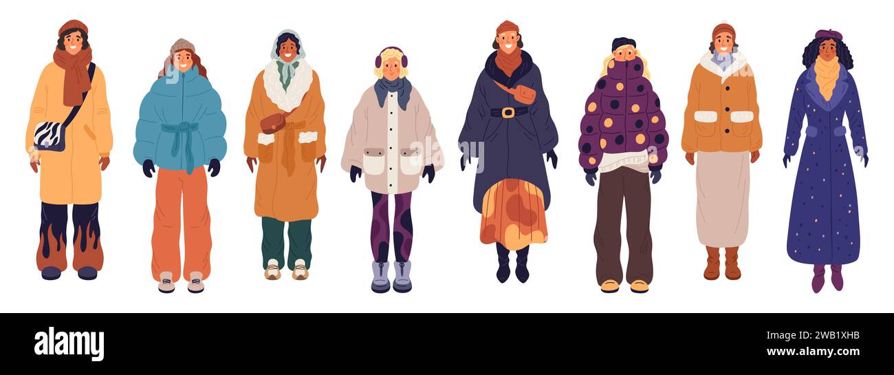 Femmes dans les vêtements d'hiver de mode. Jolies filles dans des vêtements chauds. Vestes en duvet. Parkas ou manteaux. Personnages féminins modernes à la mode. Vêtement décontracté. Debout Illustration de Vecteur