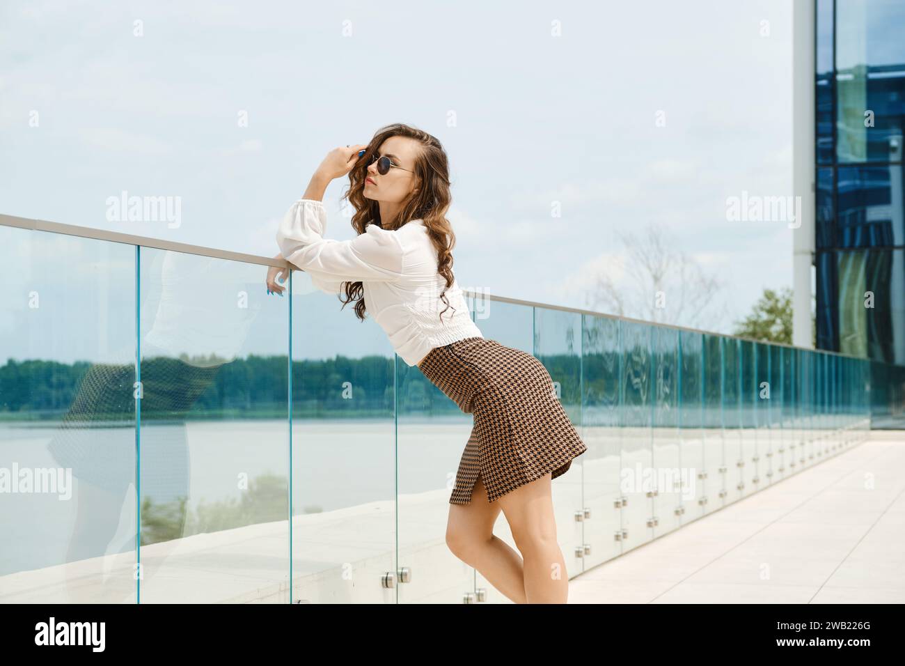 Une femme elegante en chemisier et mini jupe se tient appuyee sur la cloture avec son dos plie Photo Stock Alamy
