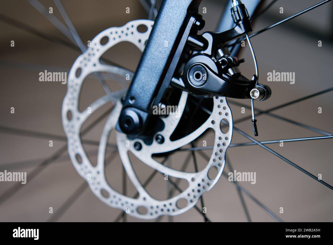 Partie du système de freinage du vélo. Disque de frein en métal gris et plaquettes de frein sur vélo de route, gros plan. Banque D'Images
