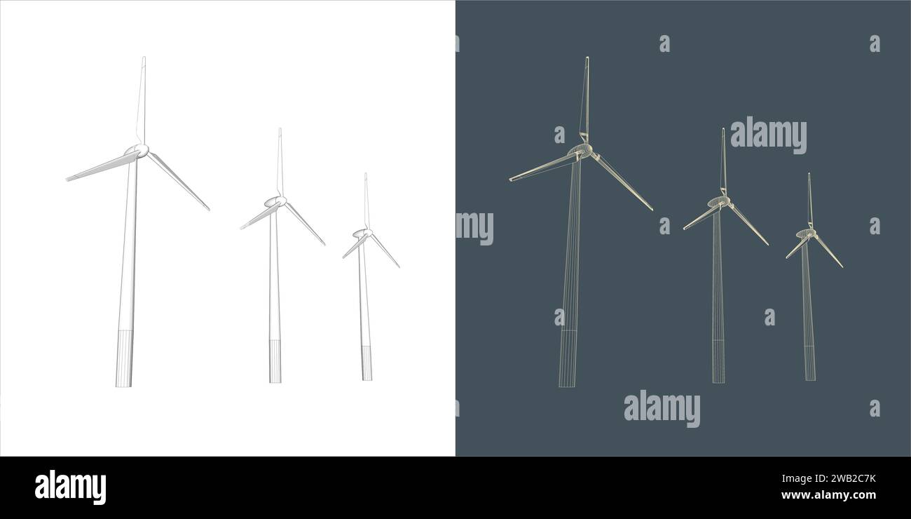 moulin à vent ligne éolienne style de fil-cadre. Générateur d'énergie renouvelable alternatif énergie verte Illustration de Vecteur