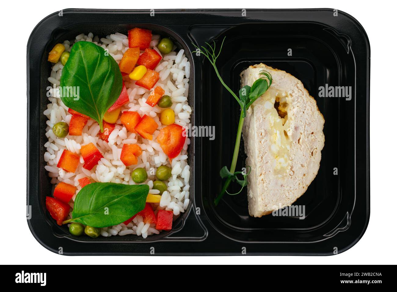 viande avec plat d'accompagnement dans la boîte à lunch sur fond blanc Banque D'Images