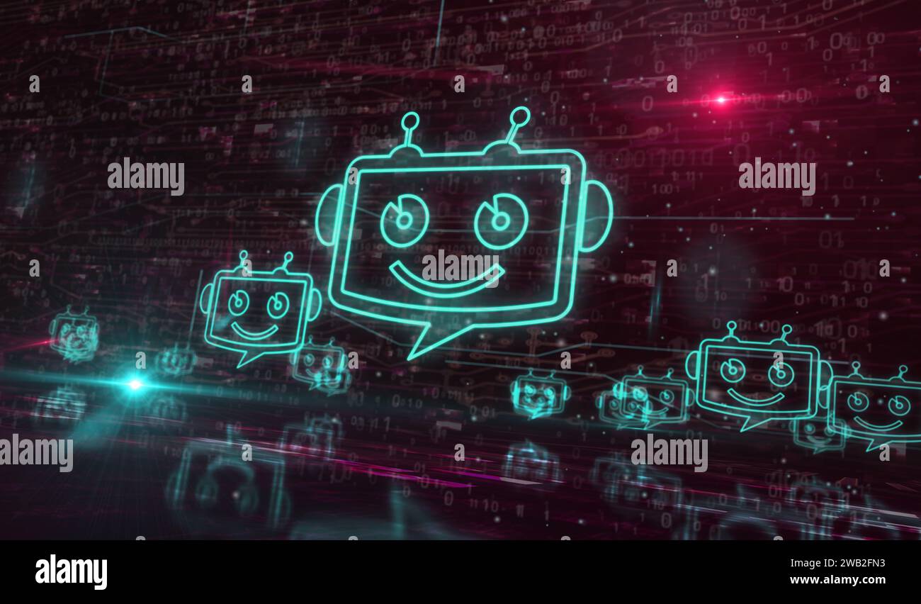 Chatbot ai assistance en ligne et concept numérique de symbole de bot chat d'intelligence artificielle. Réseau, cyber technologie et informatique de fond abs Banque D'Images