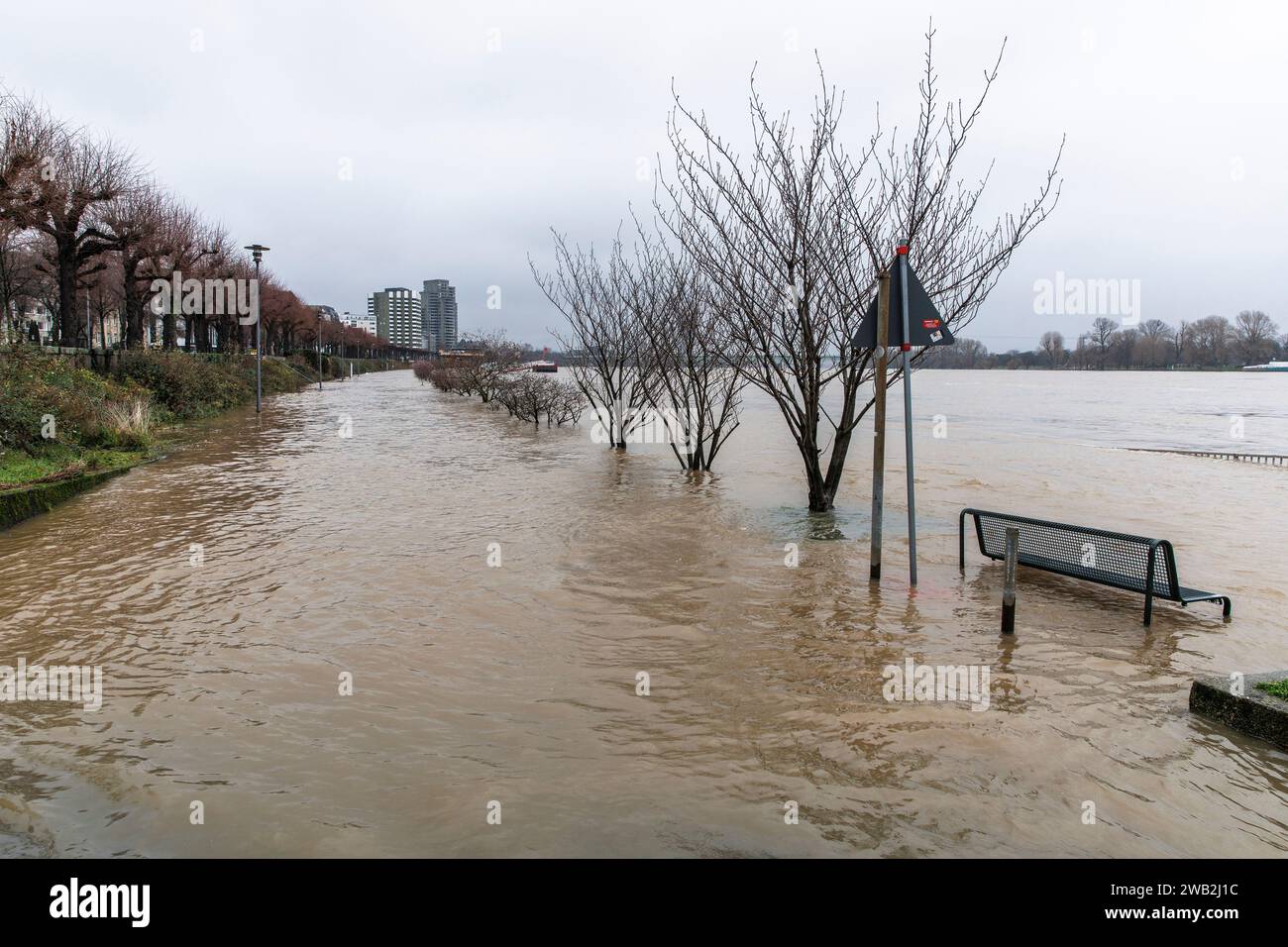 Cologne, Allemagne, 6 janvier. 2024, crue du Rhin à Konrad-Adenauer-Ufer. Koeln, Deutschland, 6. Janvier 2024, Hochwasser des Rheins am Ko Banque D'Images
