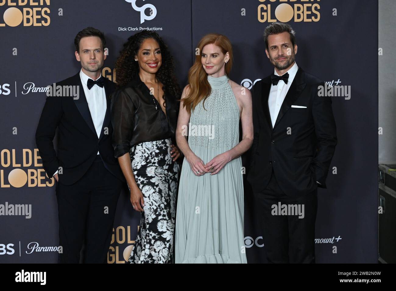 Los Angeles, États-Unis. 07 janvier 2024. LOS ANGELES, ÉTATS-UNIS. 07 janvier 2024 : Patrick J. Adams, Gina Torres, Sarah Rafferty & Gabriel Macht dans la salle de presse du 81e Golden Globe Awards à l'hôtel Beverly Hilton. Crédit photo : Paul Smith/Alamy Live News Banque D'Images