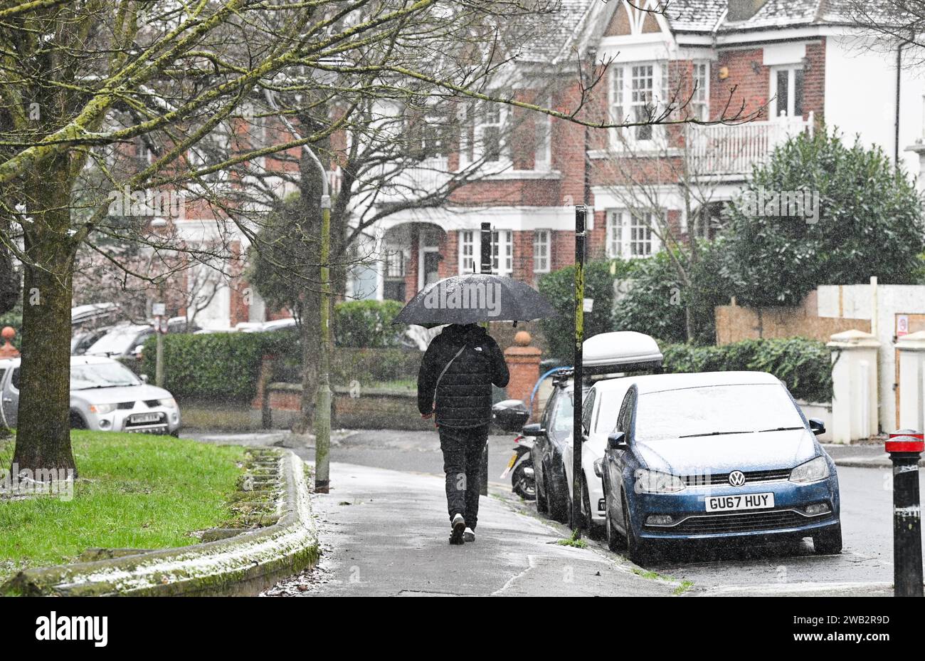 Brighton Royaume-Uni 8 janvier 2024 - neige et neige dans Queens Park Brighton alors que les températures chutent dans toute la Grande-Bretagne après le temps humide et les inondations : Credit Simon Dack / Alamy Live News Banque D'Images