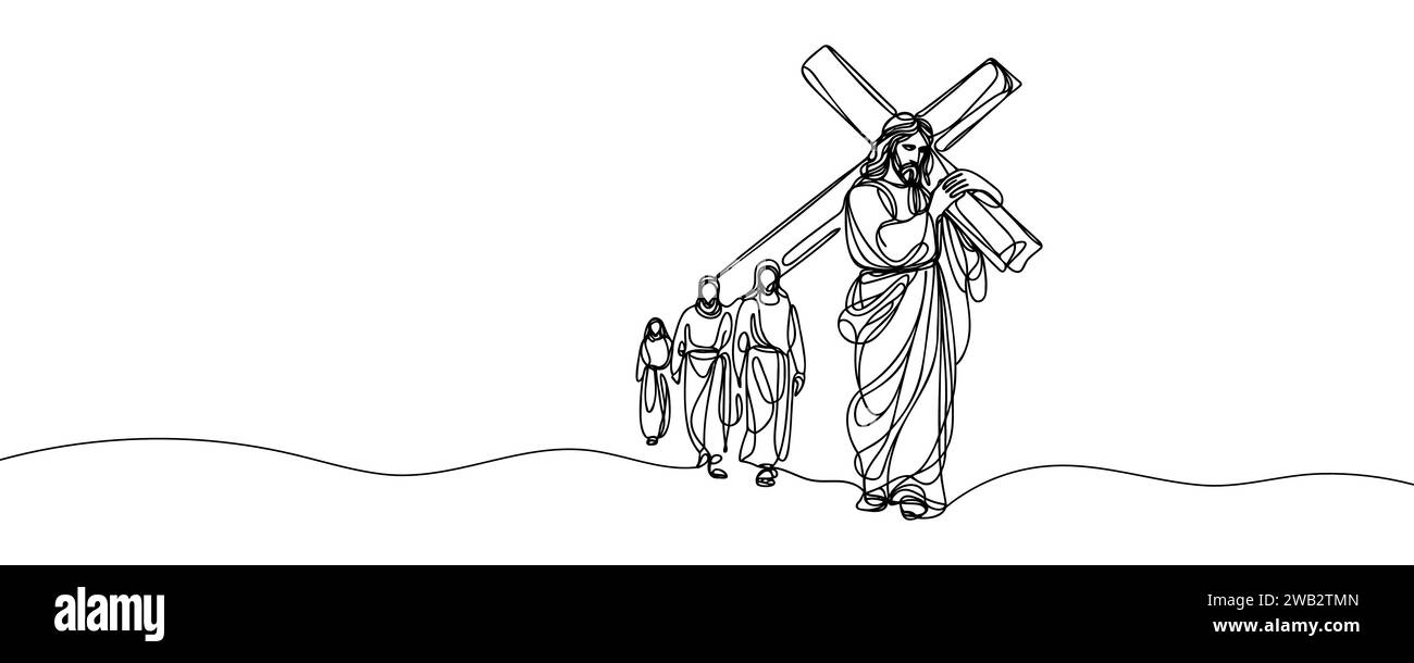 dessin de jésus-christ portant la croix tracée en ligne continue. Illustration vectorielle. Illustration de Vecteur