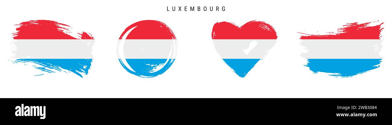Jeu d'icônes de drapeau de style grunge dessiné à la main Luxembourg. Bannière luxembourgeoise aux couleurs officielles. Forme de trait de pinceau libre, cercle et en forme de coeur. Vect. Plat Illustration de Vecteur