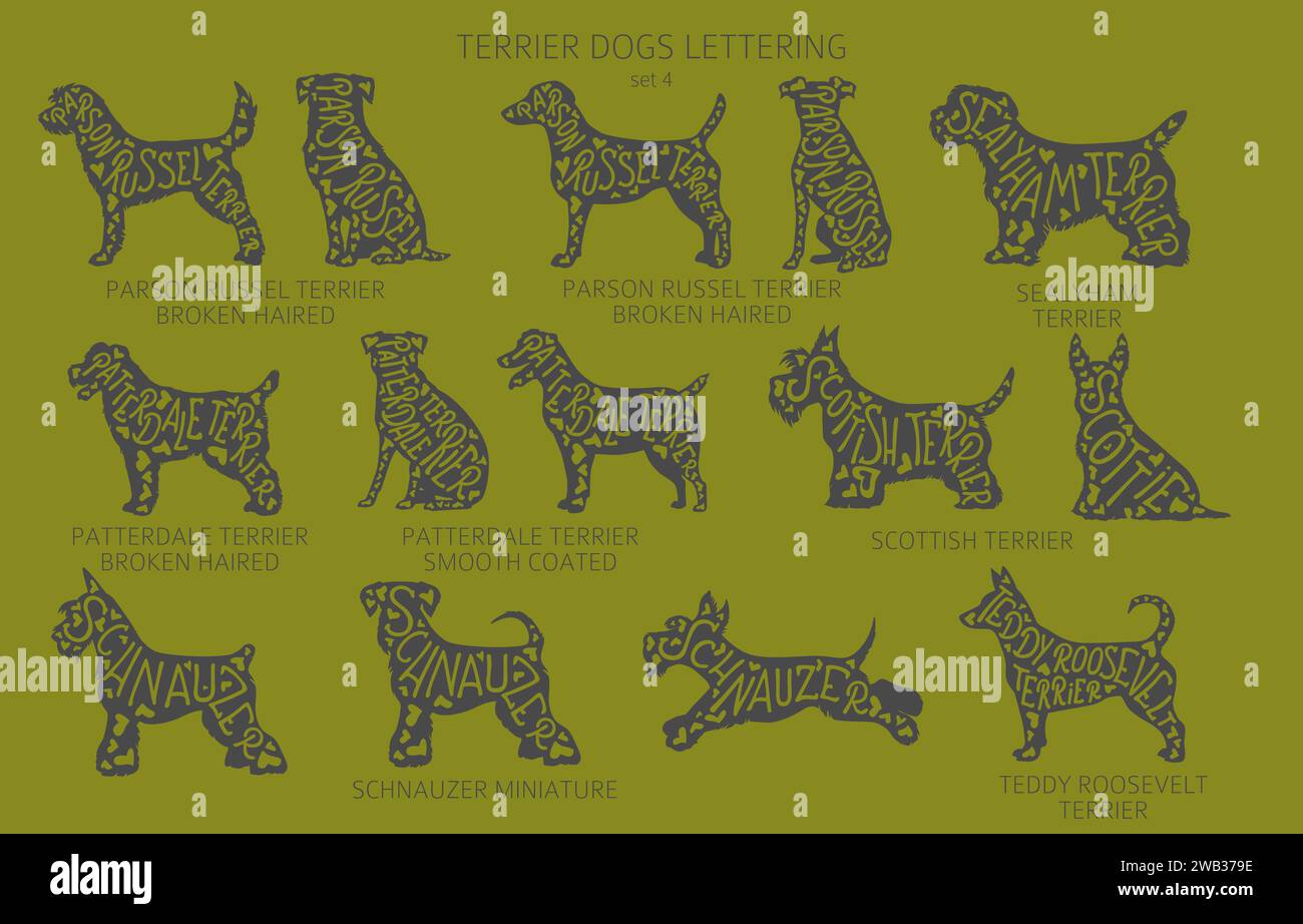 Chien élève des silhouettes avec lettrage, clipart de style simple. Chiens de chasse, collection de chiens Terrier. Illustration vectorielle Illustration de Vecteur