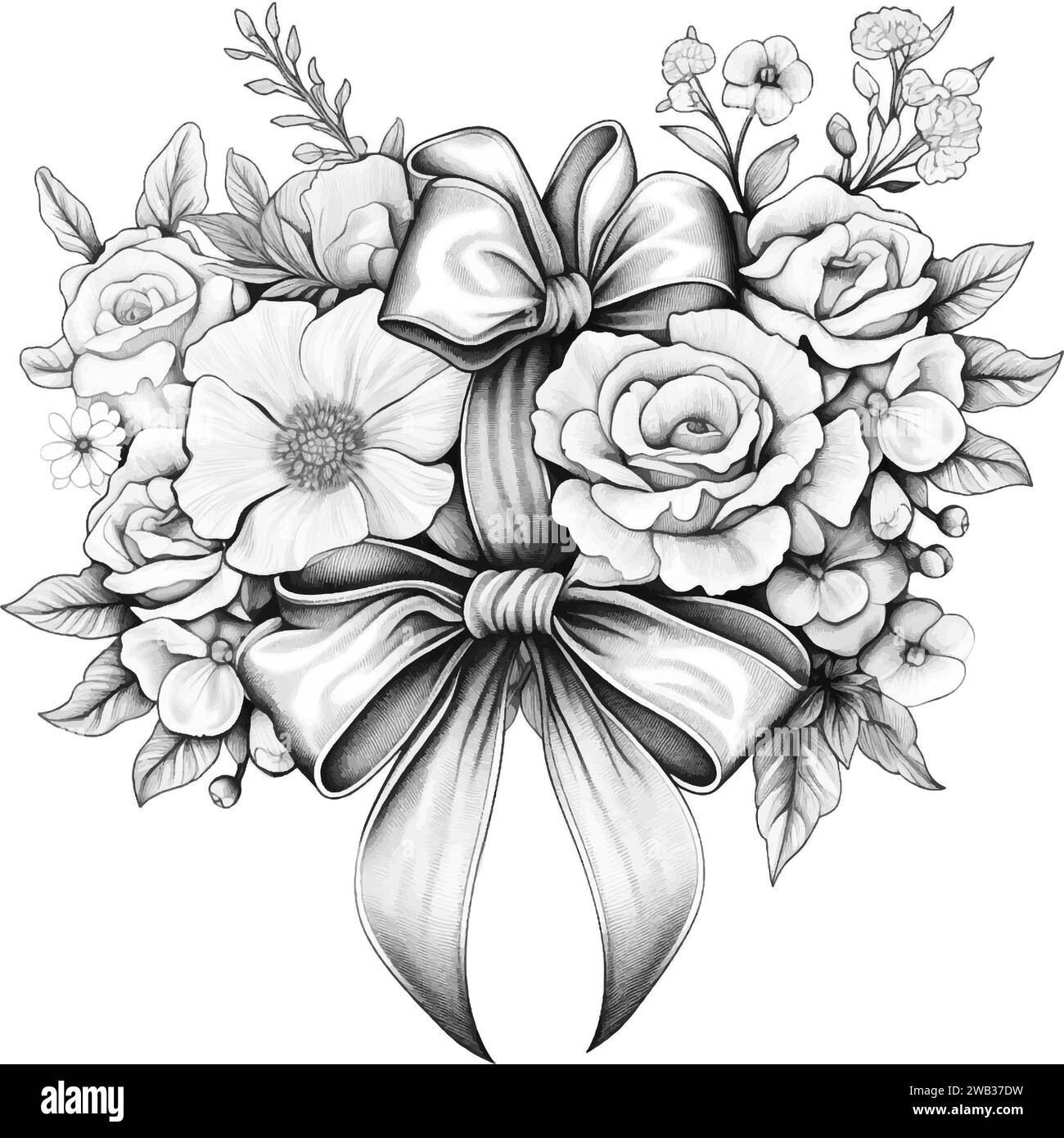 Belles fleurs avec ruban. Vecteur noir et blanc pour carte ou cadeau, pour la coloration. Illustration de Vecteur