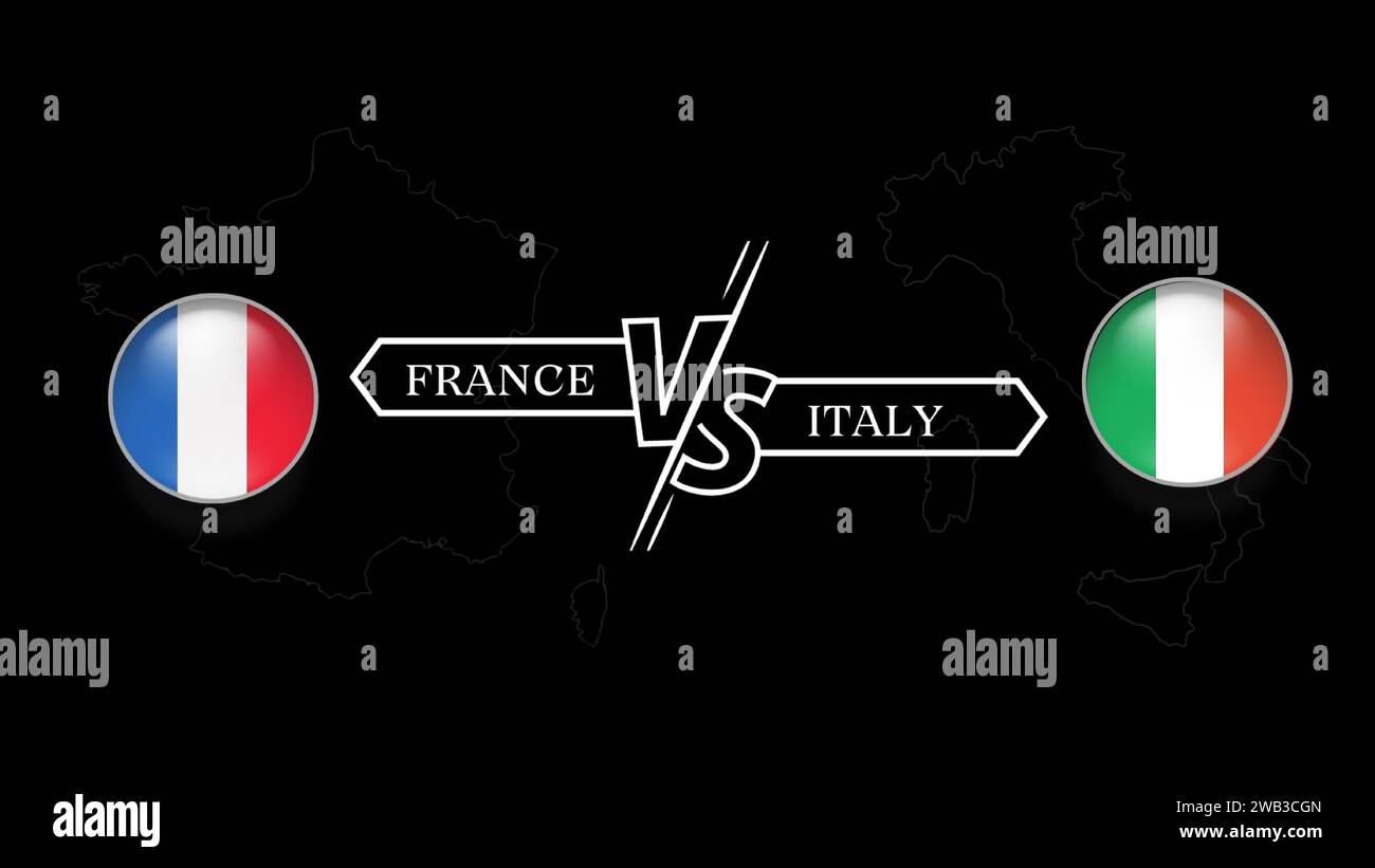 France vs Italie dans le tournoi de rugby tour 2, drapeau de pays en forme de cercle et carte du pays sur fond noir. Modèle vectoriel. Illustration de Vecteur