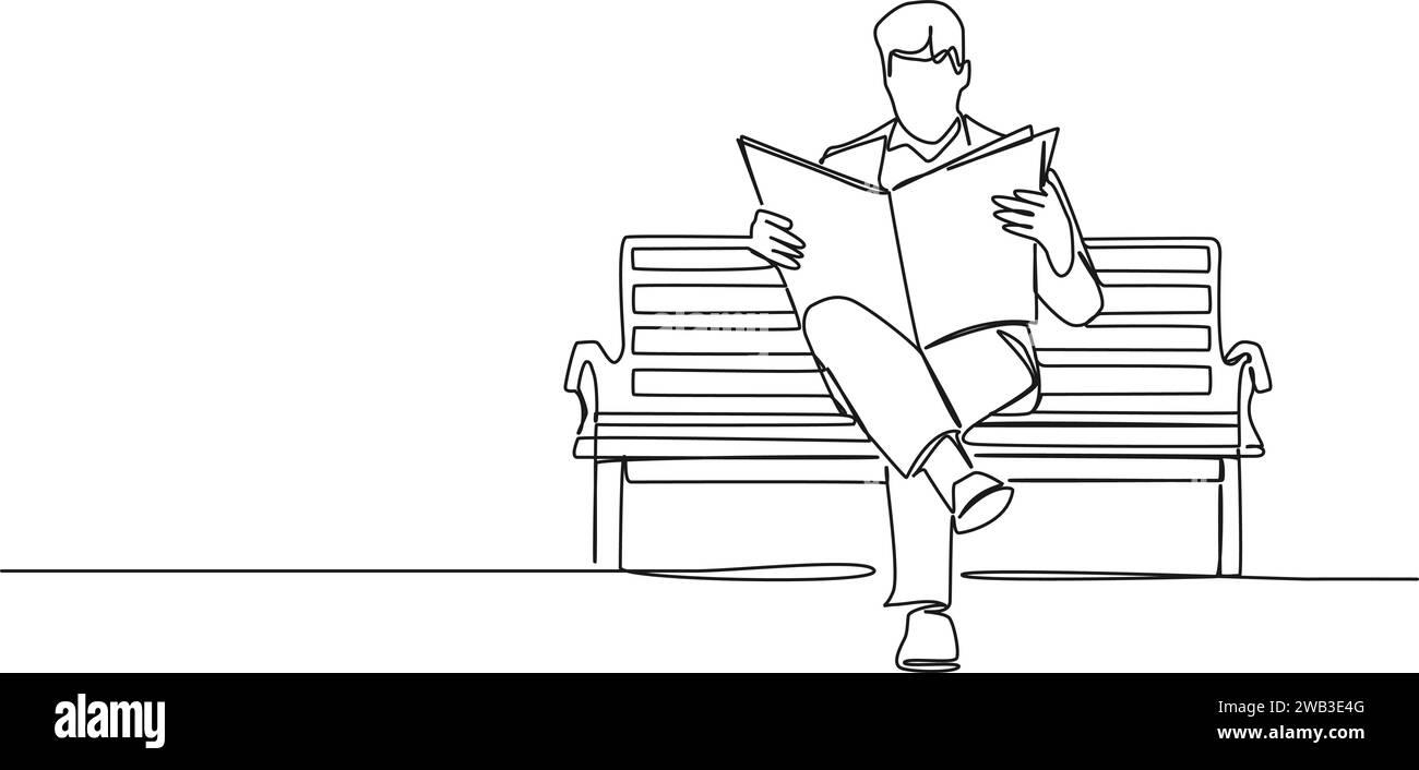 dessin continu d'une seule ligne d'homme sur le banc lisant un journal, illustration vectorielle d'art au trait Illustration de Vecteur