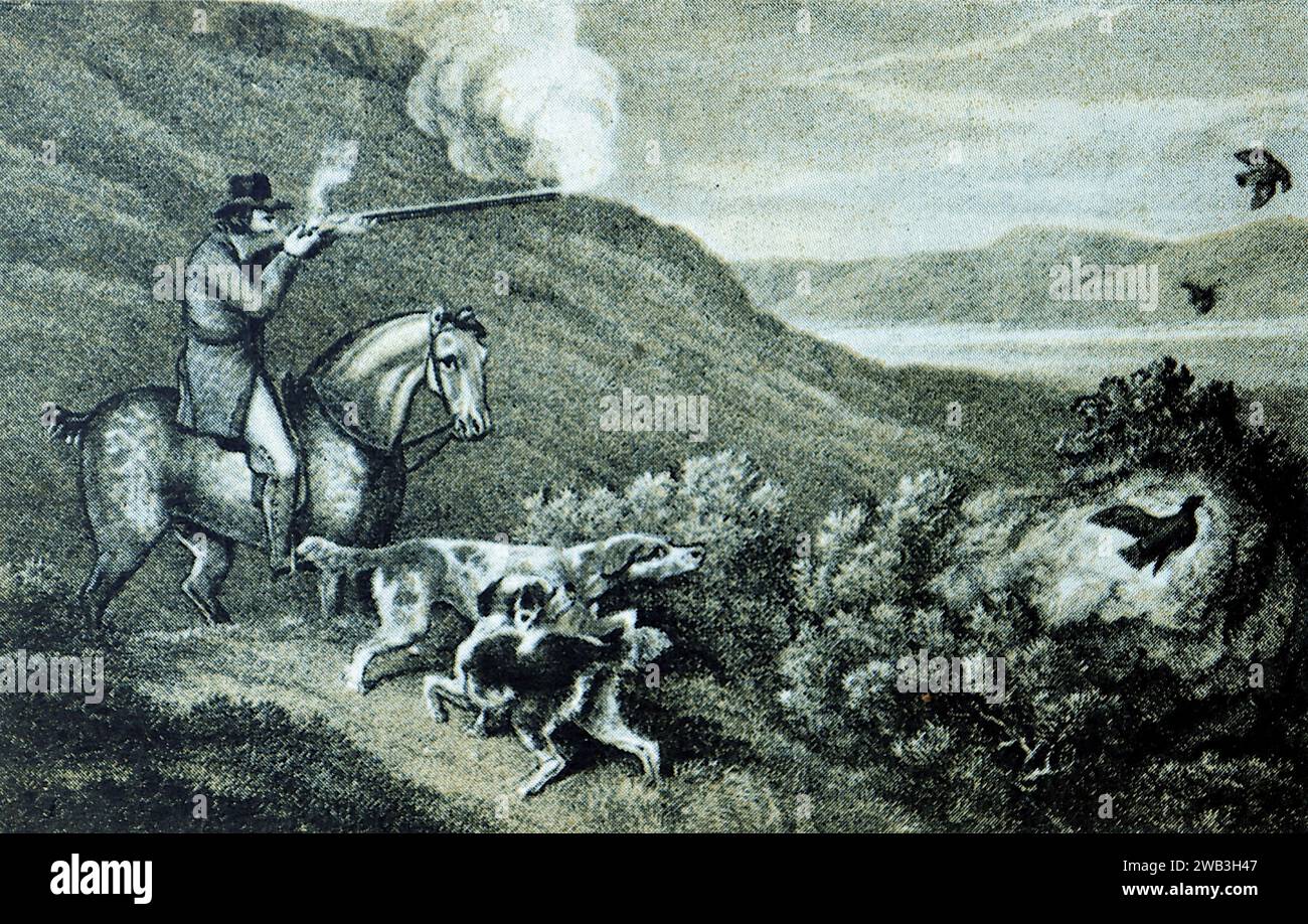 Grouse Shooting : extrait d'une série de vieilles estampes sportives monochromes tirées des gravures de Samuel Howitt, publiées à l'origine entre 1798 et 1800. Howitt était un peintre anglais travaillant dans les huiles et l'aquarelle, peignant des animaux, des scènes de chasse, des courses de chevaux et des paysages. Il était également graveur, illustrateur et graveur. Ceci est photographié à partir d'un petit tirage. Banque D'Images