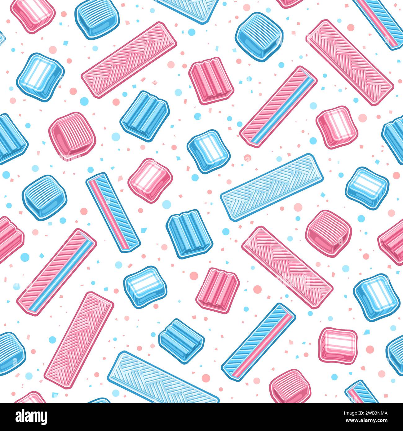 Vector Bubble Gum Seamless, fond de répétition décoratif avec illustration de contour de gommes à bulles assorties et bonbons brillants, affiche carrée W Illustration de Vecteur