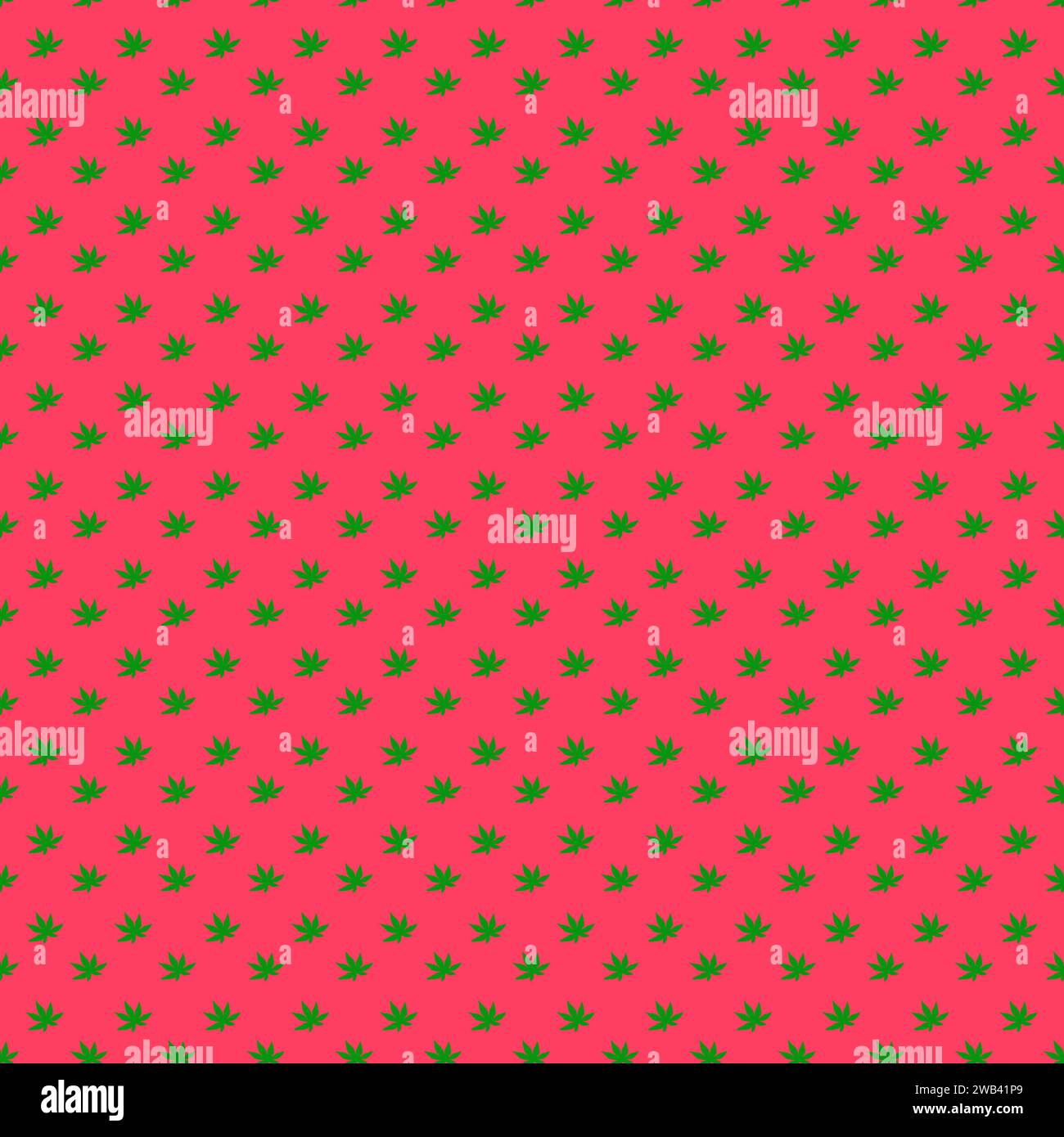Motif sans couture de feuilles de cannabis vert sur fond rouge corail Banque D'Images