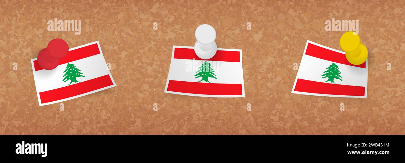 Drapeau du Liban épinglé dans un panneau de liège, trois versions du drapeau du Liban. Jeu de punaises vectorielles et de drapeaux. Illustration de Vecteur