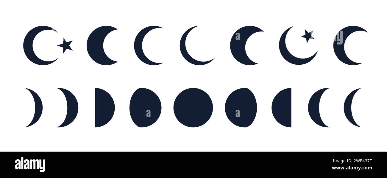Jeu de croissant de lune. Demi-lune, croissant avec étoile. Symbole de demi-lune, éléments graphiques, formes d'étoiles légères graphiques, collection d'icônes de croissant mystique de lune de phase. Illustration vectorielle Illustration de Vecteur