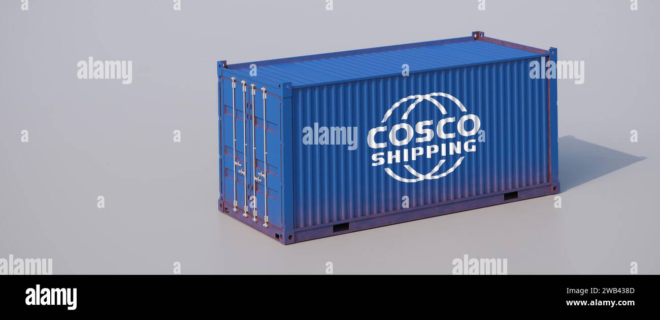 Conteneur de l'une des cinq plus grandes compagnies de transport de conteneurs : Cosco Shipping de Chine Banque D'Images