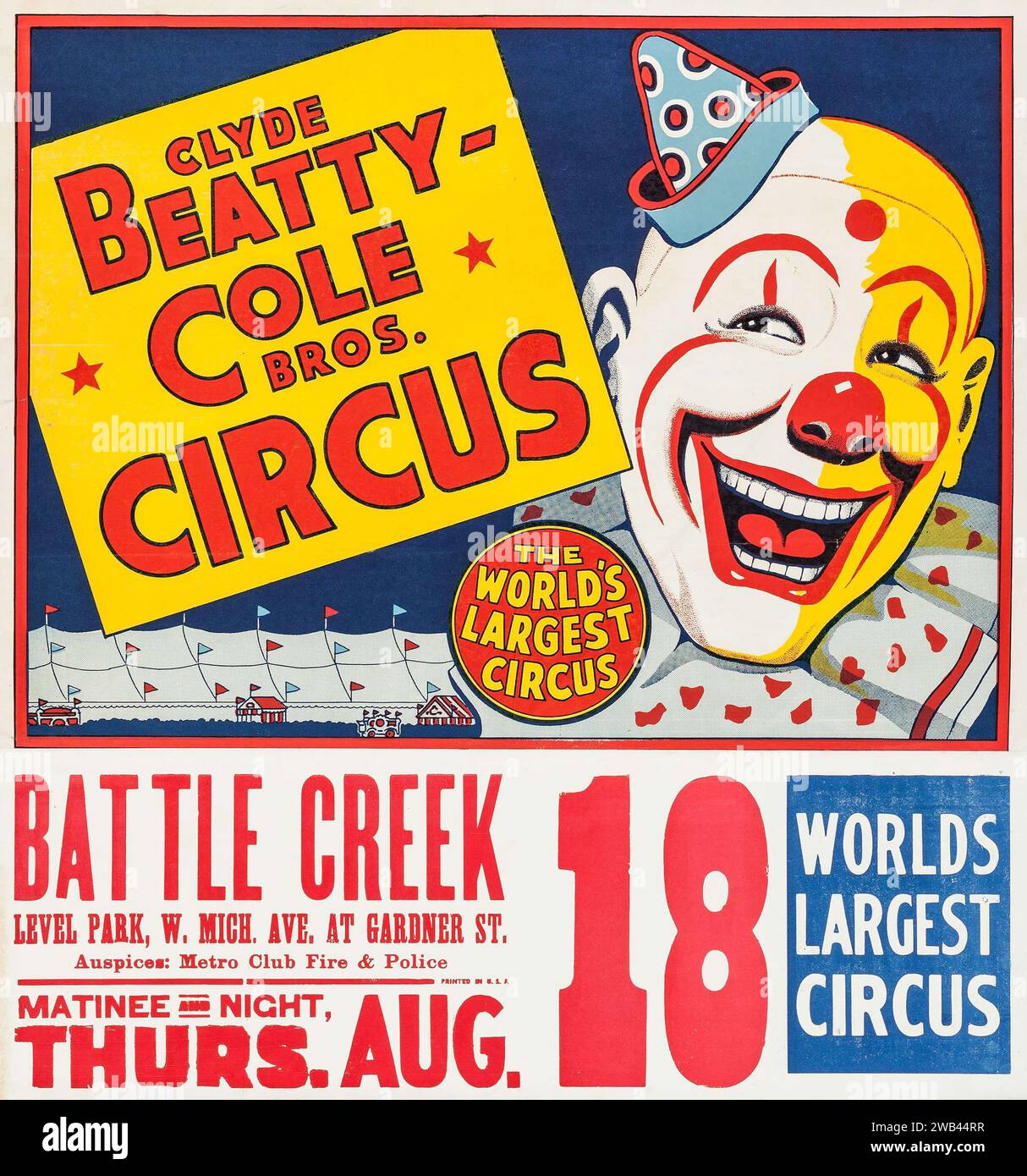 Affiche de cirque feat a clown (Clyde Beatty - Cole Brothers, c. 1958) Banque D'Images