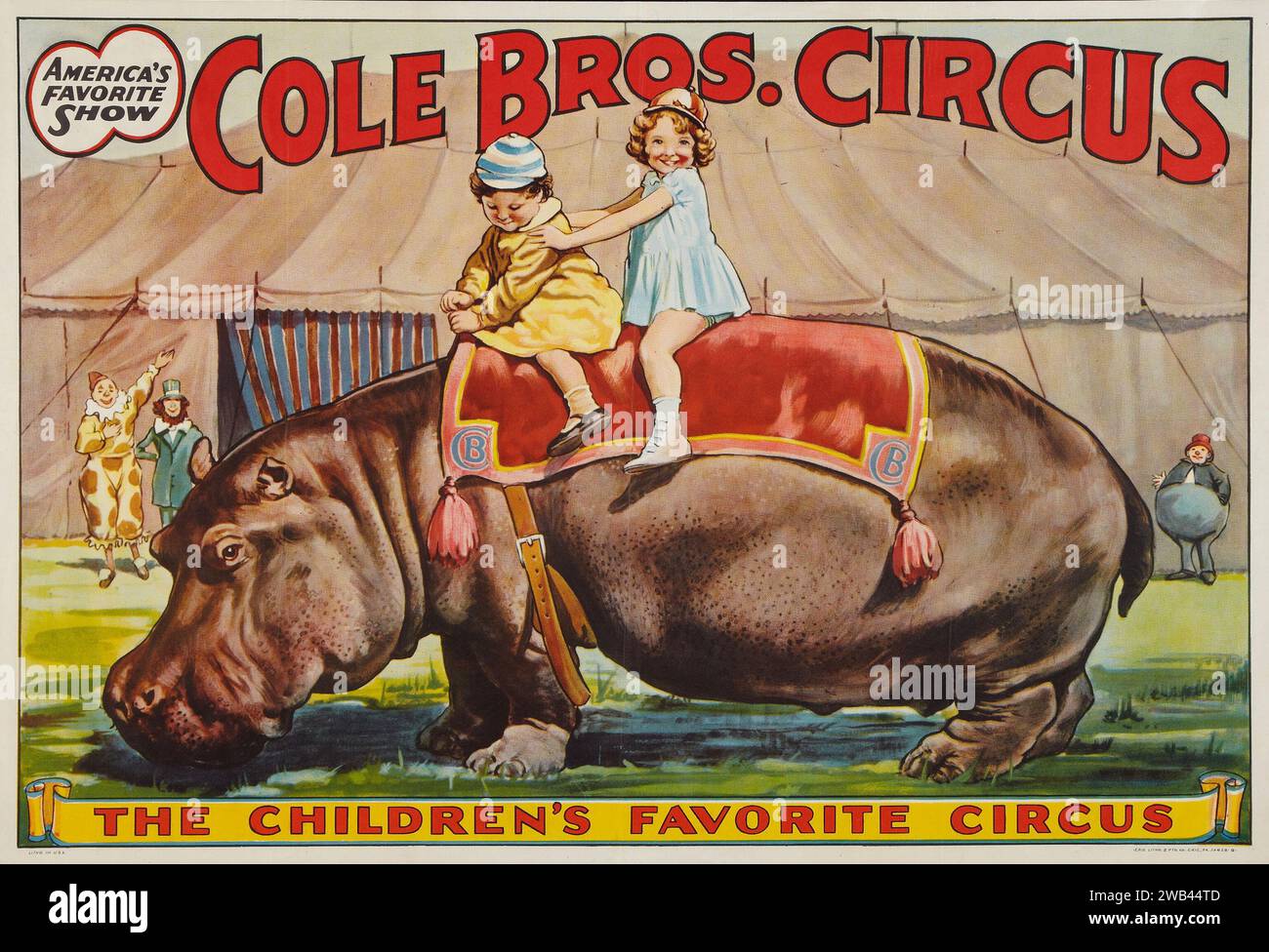 Affiche de cirque (Cole Brothers, années 1930) mettant en vedette des enfants sur le dos d'un hippopotame. Banque D'Images
