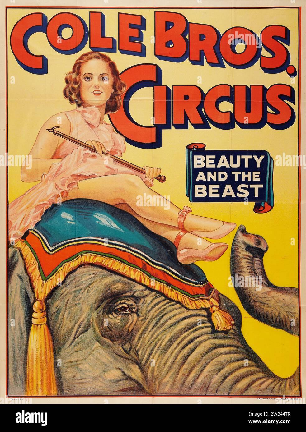 Affiche de cirque (Cole Brothers, années 1930) la beauté et la bête - femme chevauchant un éléphant de cirque Banque D'Images