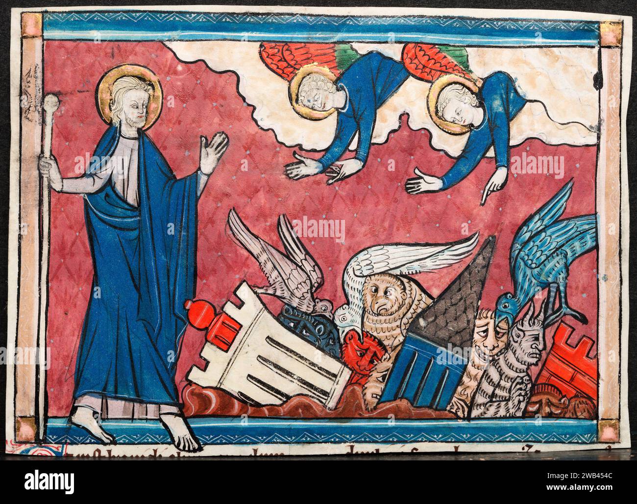 Miniature d'un manuscrit de l'Apocalypse : la chute de Babylone. Lorraine, France. c. 1295. Encre, tempera et or sur vélin. Banque D'Images