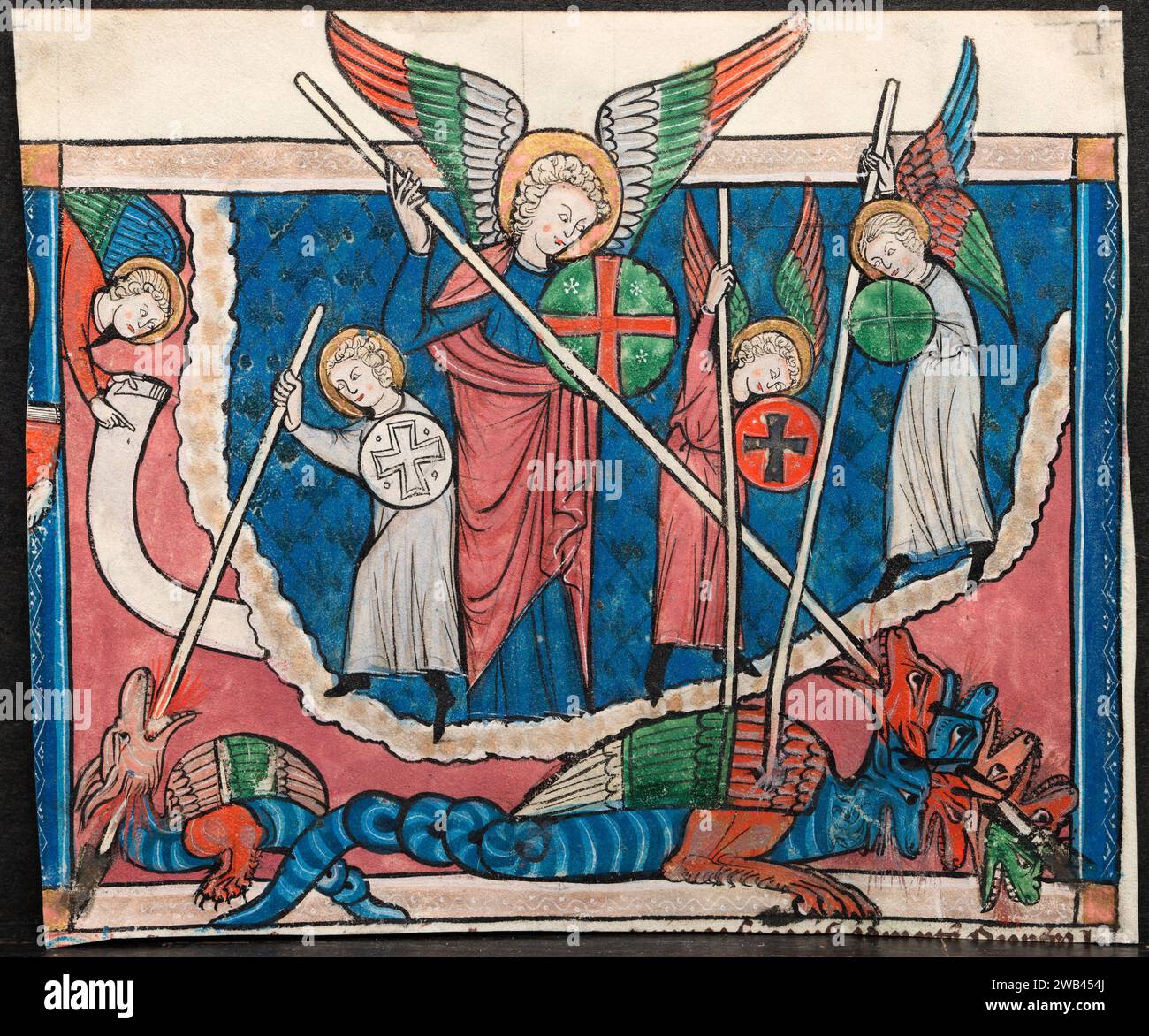 Miniature d'un manuscrit de l'Apocalypse : la guerre au ciel. Lorraine, France. c. 1295. Encre, tempera et or sur vélin. Banque D'Images