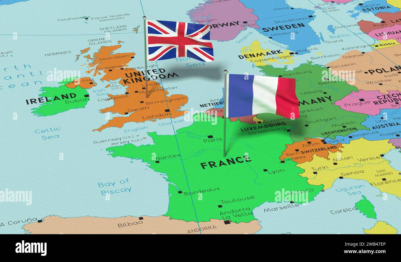 France et Royaume-Uni - épinglez les drapeaux sur la carte politique - illustration 3D. Banque D'Images