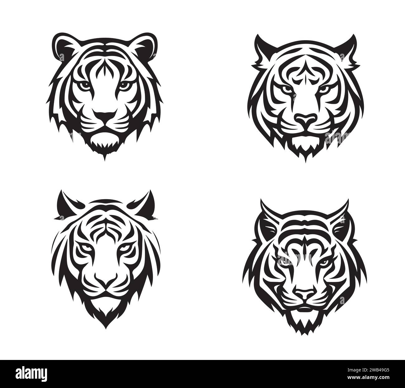 Ensemble de têtes de tigre avec différentes expressions en colère du museau. Symboles pour tatouage, emblème ou logo, isolé sur fond blanc. Illustration de Vecteur