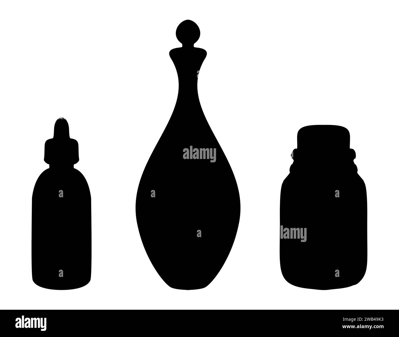 Silhouettes de bouteilles en verre et carafe. Illustration vectorielle de décanteur et de flacons pour Spa ou Medicine design peint à l'encre noire sur fond blanc. Flagon vintage monochrome pour huile essentielle. Illustration de Vecteur