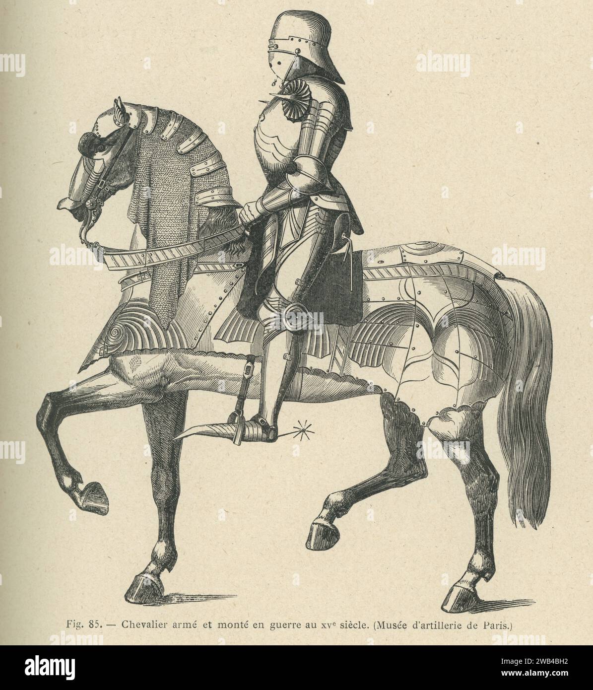 Chevalier armé et monté pour la guerre au 15e siècle. Illustration de 'l'ancienne France : les arts et métiers au Moyen-Âge. Etude illustrée sur le Moyen--Âge et la Renaissance d'après les ouvrages de M. Paul Lacroix', publiée en 1887 par Firmin-Didot (Paris). Banque D'Images