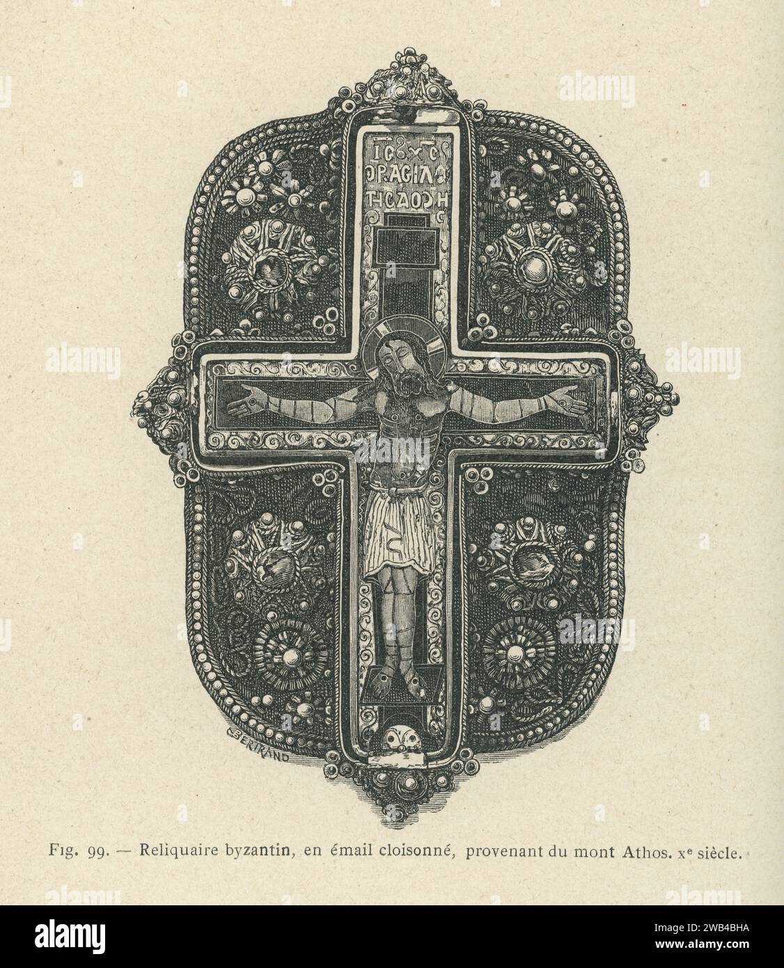 Reliquaire byzantin en émail cloisonné du Mont Athos (Grèce), daté du 10e siècle. Illustration de 'l'ancienne France : les arts et métiers au Moyen-Âge. Etude illustrée sur le Moyen--Âge et la Renaissance d'après les ouvrages de M. Paul Lacroix', publiée en 1887 par Firmin-Didot (Paris). Banque D'Images