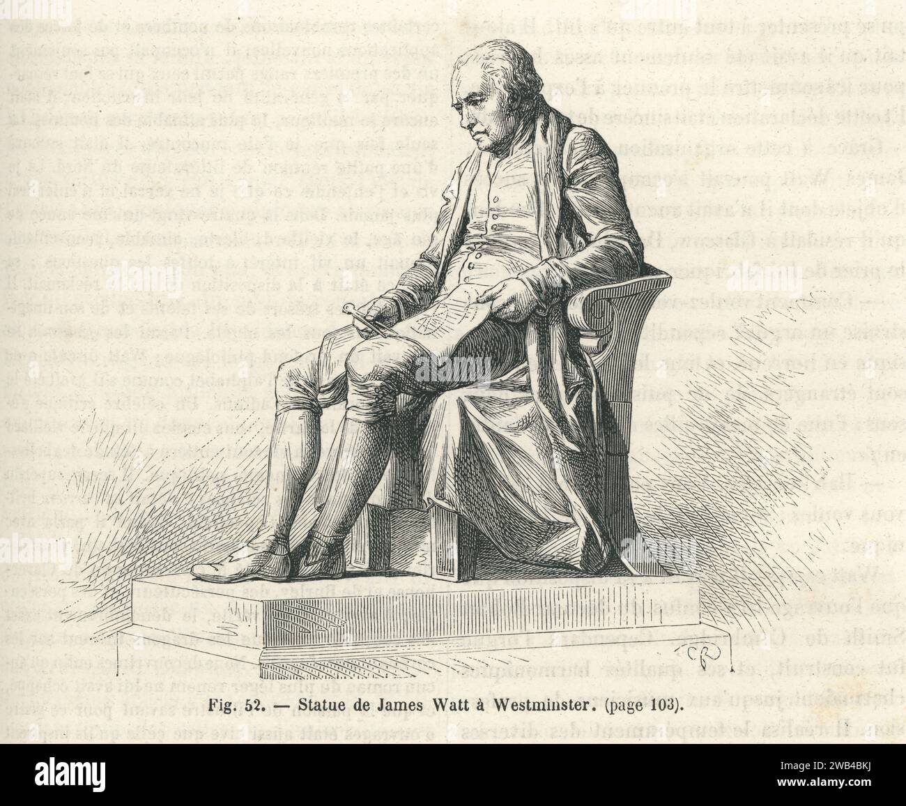 Statue de l'ingénieur écossais James Watt à Westminster (18e siècle). Illustration tirée de 'les merveilles de la science ou description populaire des inventions modernes' écrite par Louis Figuier et publiée en 1867 par Furne, Jouvet et Cie Banque D'Images
