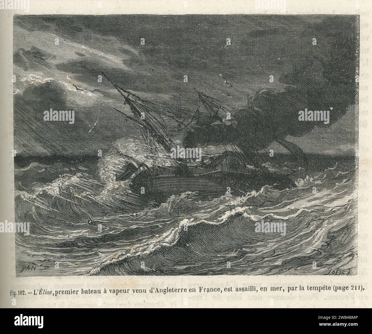 Traversée de la Manche à vapeur : le navire l''Elise', pris dans une tempête en mer entre Newhaven (Angleterre) et le Havre (France), en mars 1816. Illustration tirée de 'les merveilles de la science ou description populaire des inventions modernes' écrite par Louis Figuier et publiée en 1867 par Furne, Jouvet et Cie Banque D'Images