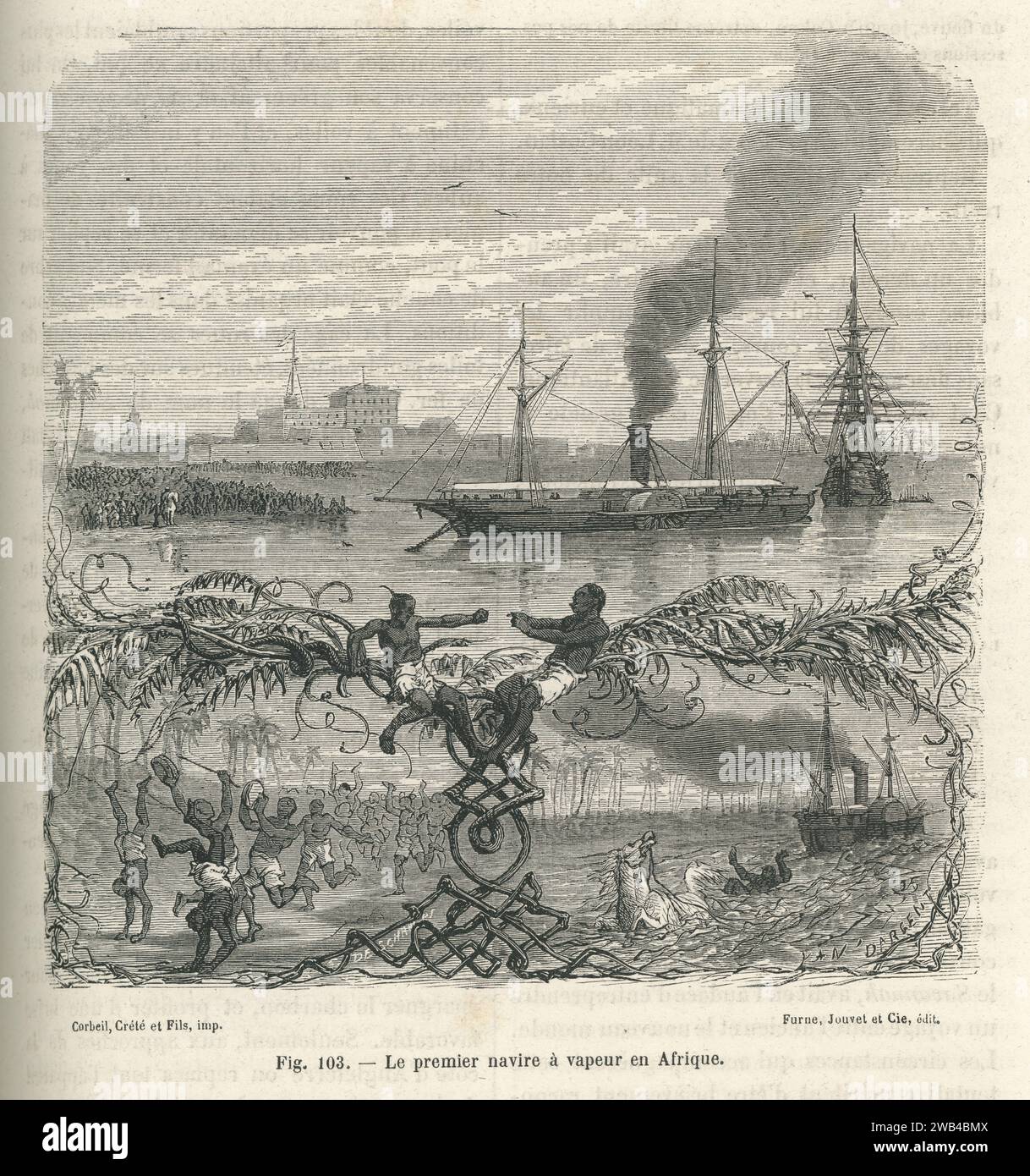 Premier bateau à vapeur construit au Sénégal (Afrique). Ci-dessous, des ...