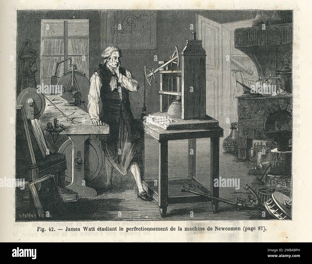 L'ingénieur écossais James Watt dans son atelier, travaillant sur le perfectionnement de la machine de balance à vapeur de Newcomen. 1763 Illustration tirée de 'les merveilles de la science ou description populaire des inventions modernes' écrite par Louis Figuier et publiée en 1867 par Furne, Jouvet et Cie Banque D'Images