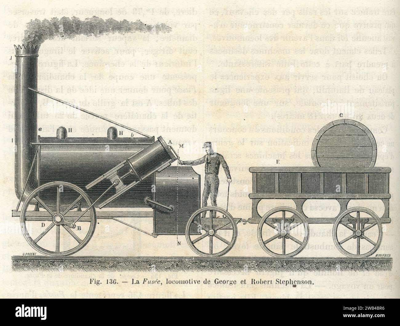 La Rocket, une locomotive à vapeur avec chaudière multitubulaire développée par les ingénieurs anglais George et Robert Stephenson. Illustration tirée de 'les merveilles de la science ou description populaire des inventions modernes' écrite par Louis Figuier et publiée en 1867 par Furne, Jouvet et Cie Banque D'Images