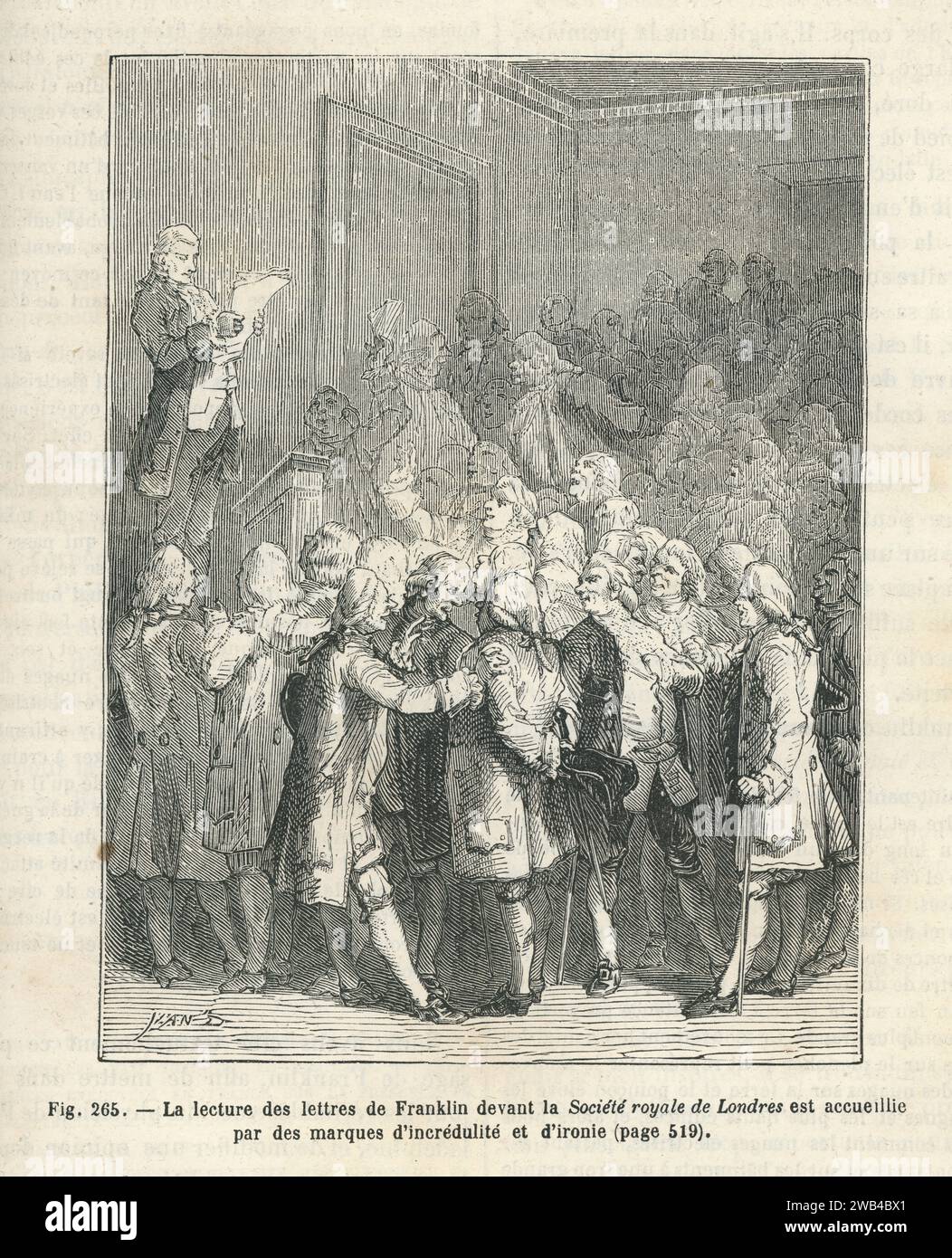 Lecture des lettres de Benjamin Franklin devant la Société Royale de Londres : les savants anglais sont incrédules face à l'hypothèque formulée par Franklin selon laquelle il est possible d'écarter la foudre au seul moyen d'une simple barre de fer. 1750 Illustration tirée de 'les merveilles de la science ou description populaire des inventions modernes' écrite par Louis Figuier et publiée en 1867 par Furne, Jouvet et Cie Banque D'Images