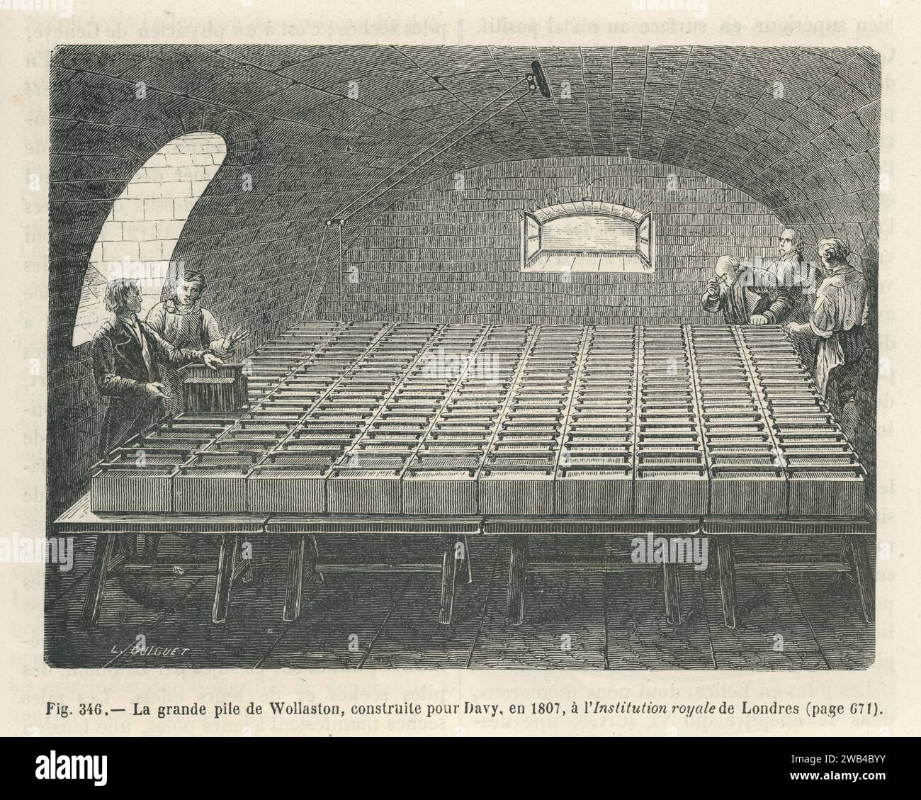 Schéma de la batterie développée entre 1813 et 1815 par William Hyde Wollaston pour Humphry Davy à la Royal institution de Londres. Illustration tirée de 'les merveilles de la science ou description populaire des inventions modernes' écrite par Louis Figuier et publiée en 1867 par Furne, Jouvet et Cie Banque D'Images