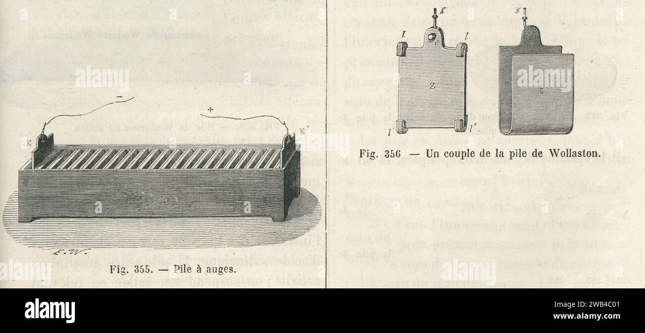 Sur la gauche, la batterie d'auge, inventée par le chimiste britannique William Cruikshank en 1802 (une amélioration de la pile électrique de Volta). À droite, diagramme de la pile développée entre 1813 et 1815 par William Hyde Wollaston. Illustration tirée de 'les merveilles de la science ou description populaire des inventions modernes' écrite par Louis Figuier et publiée en 1867 par Furne, Jouvet et Cie Banque D'Images